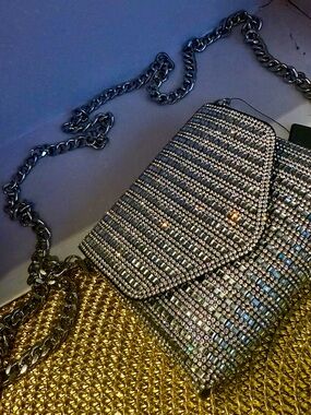 Crystal-Embellished Silver Chain Crossbody Bag